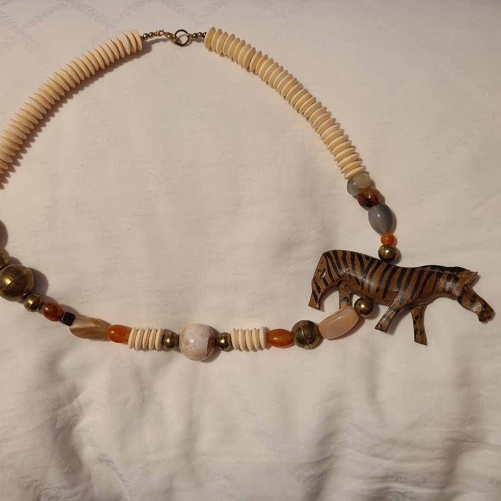 Hand Carved Wooden Zebra Necklace. EUC
